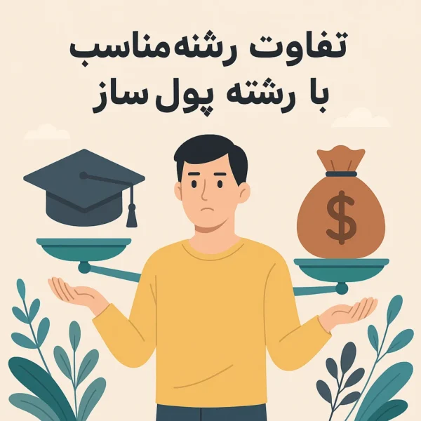 مقایسه بین رشته مناسب و رشته پول‌ساز با تصویر فردی متحیر بین کلاه فارغ‌التحصیلی و کیسه پول