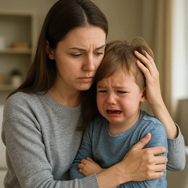 مادر در حال آرام کردن کودک مضطرب و گریان مبتلا به اضطراب جدایی