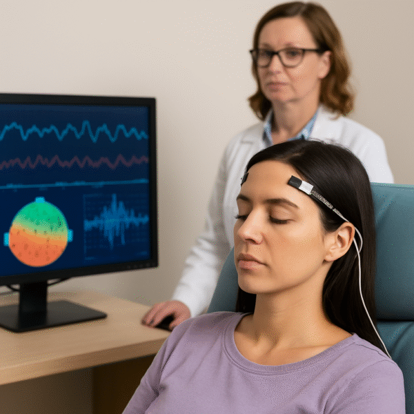 جلسه نوروفیدبک با استفاده از سنسورهای EEG روی پیشانی مراجعهکننده در مرکز مشاوره