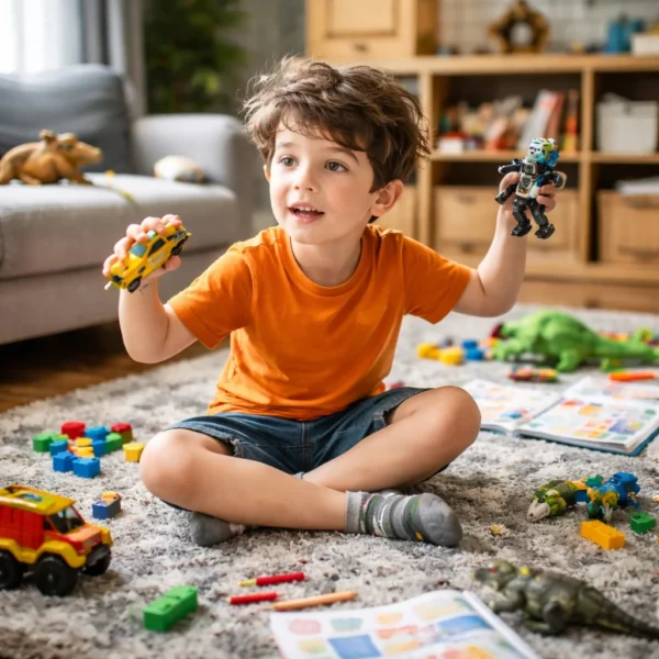کودک بیشفعال در حال بازی در خانه با اسباببازیهای پراکنده و حالت بیقراری